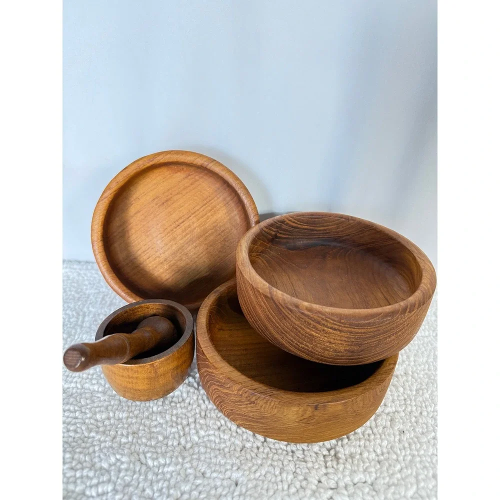 Vintage Wooden Mortar Pestle‎ Set 3 Bowls Kitchen Spice Grinder Herbs